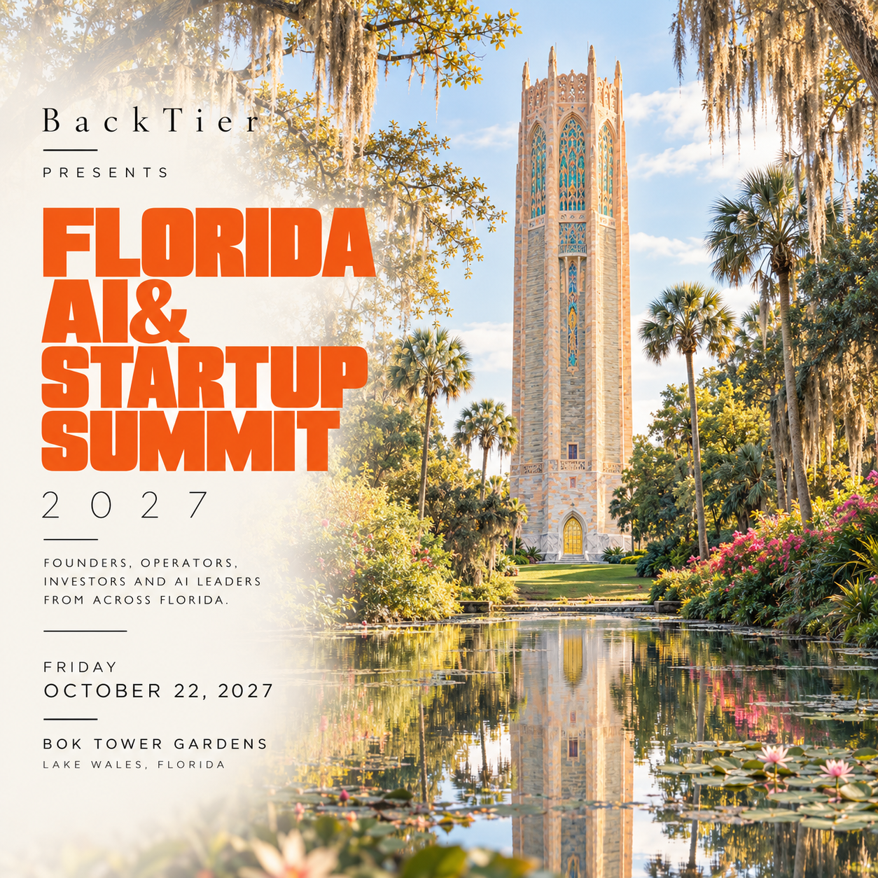 Florida AI & Startup Summit 2027 poster — Friday, October 22, 2027, Bok Tower Gardens, Lake Wales