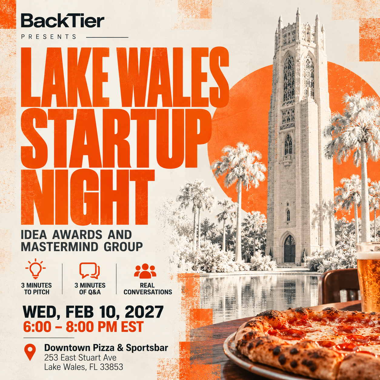 Lake Wales Startup Night poster — Wednesday, February 10, 2027, Downtown Pizza & Sportsbar