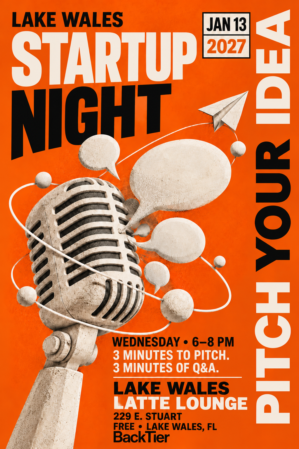 Lake Wales Startup Night poster — Wednesday, January 13, 2027, Lake Wales Latte Lounge
